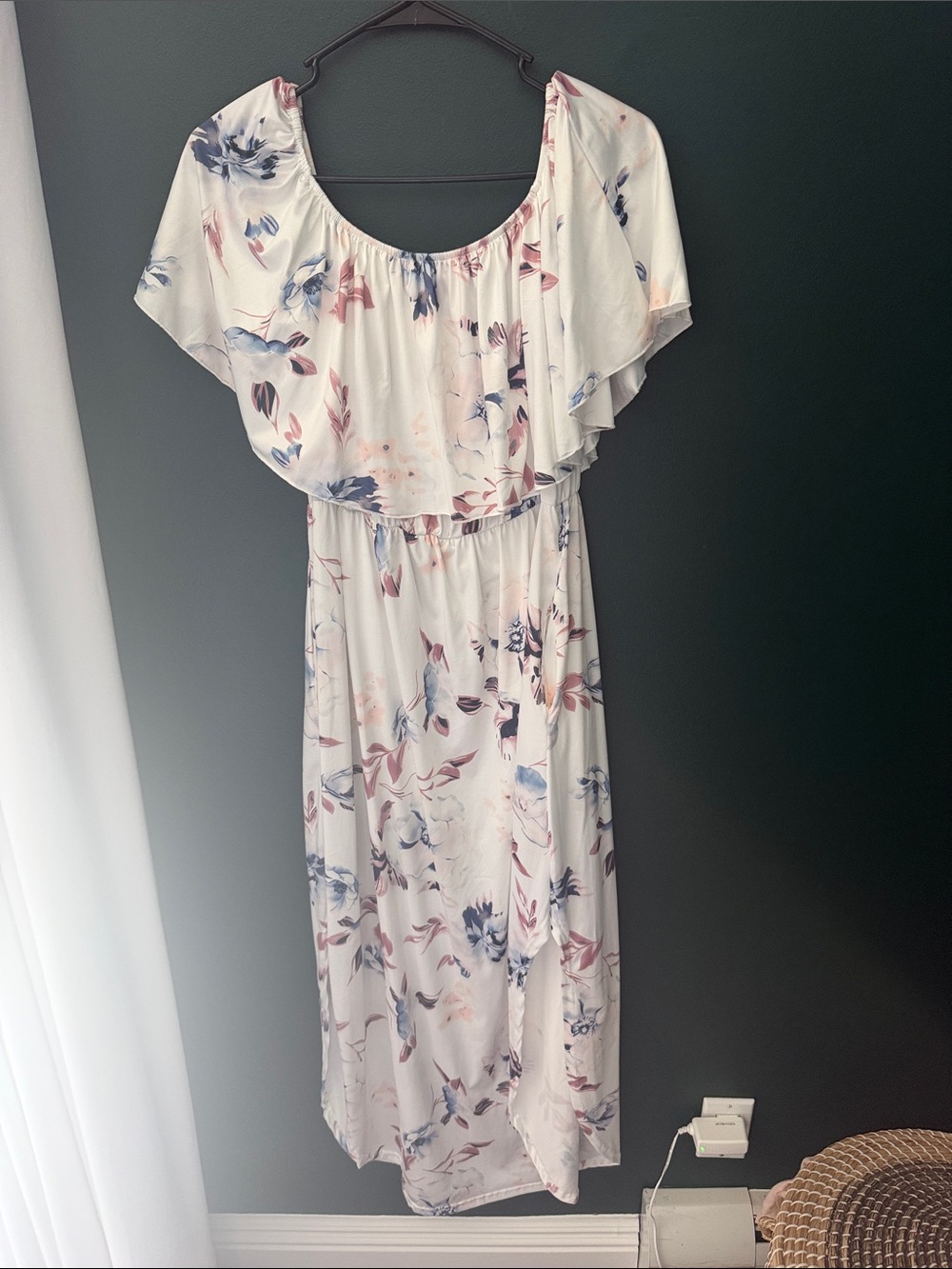 Women's Floral Off-Shoulder Maxi Dress - White with Blush & Blue
